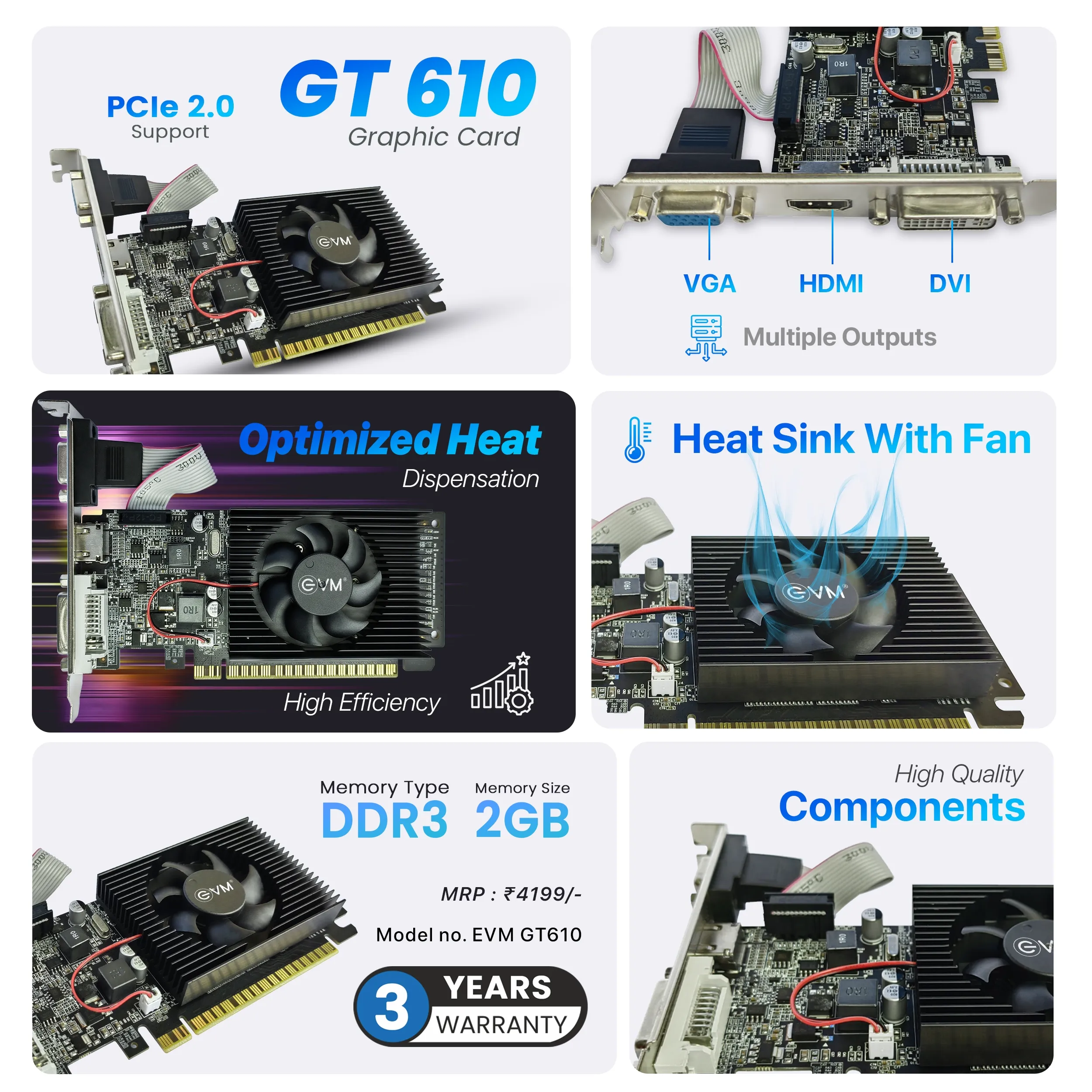 EVM Nvidia Graphic Card GT610 2GB DDR3 With HDMI, DVI, VGA Port view 3